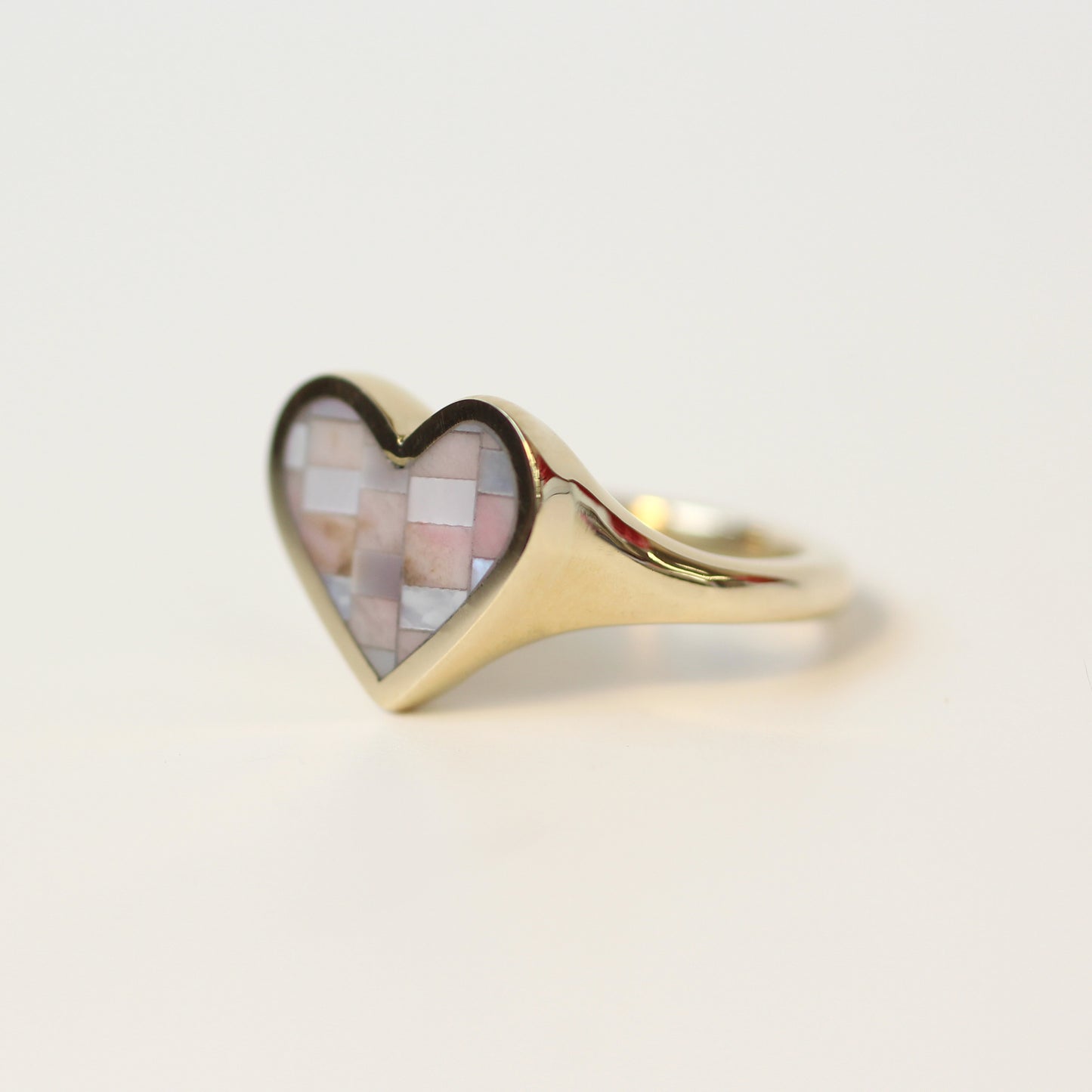 Rhodonite and Mother of Pearl Checker Heart Signet Size 4