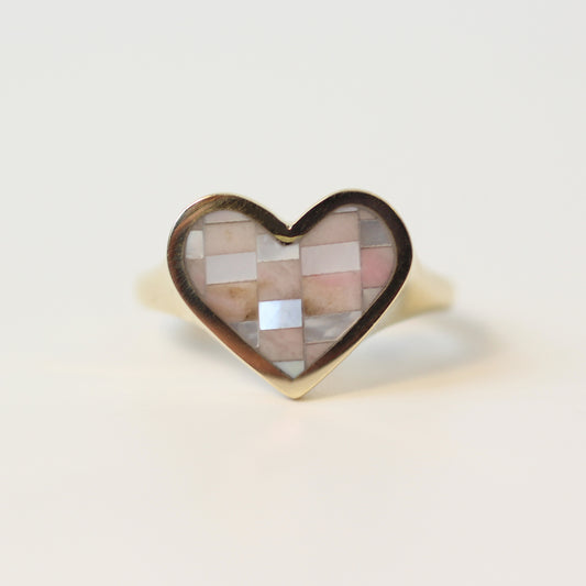 Rhodonite and Mother of Pearl Checker Heart Signet Size 4
