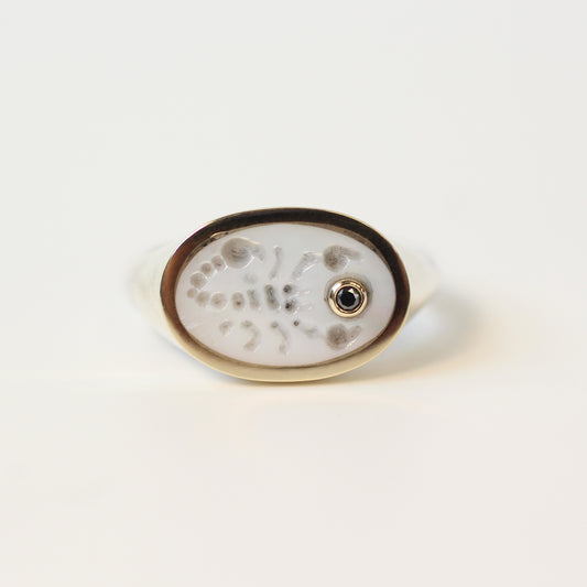 Mother of Pearl Intaglio Scorpio Ring Size 8