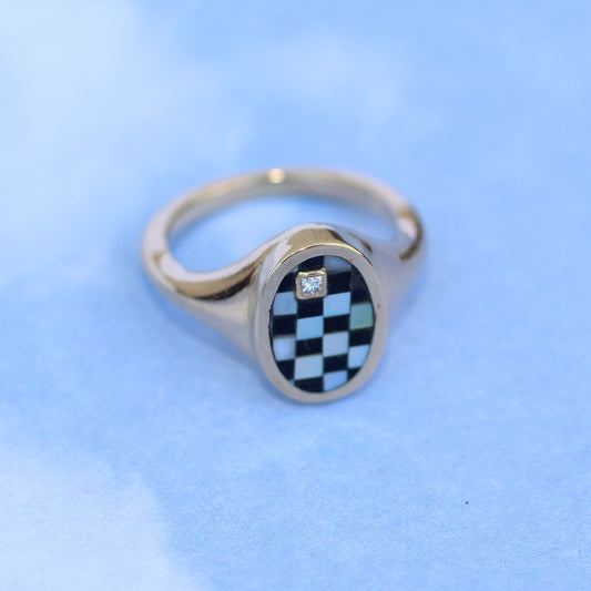 14K Checker Mirror Ring Size 5.25