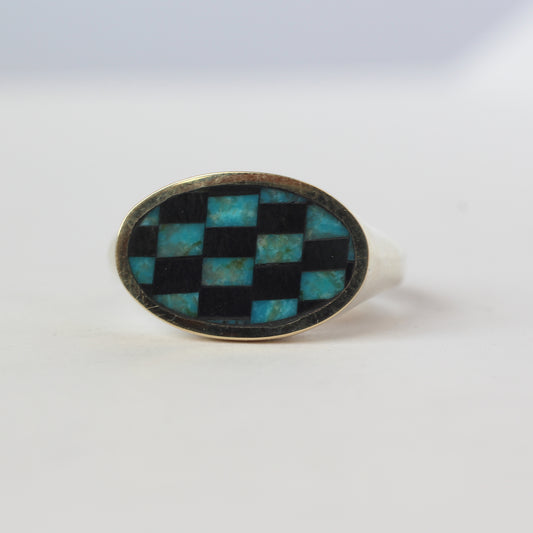 Turquoise Checkered XL Lateral Ring Size 7